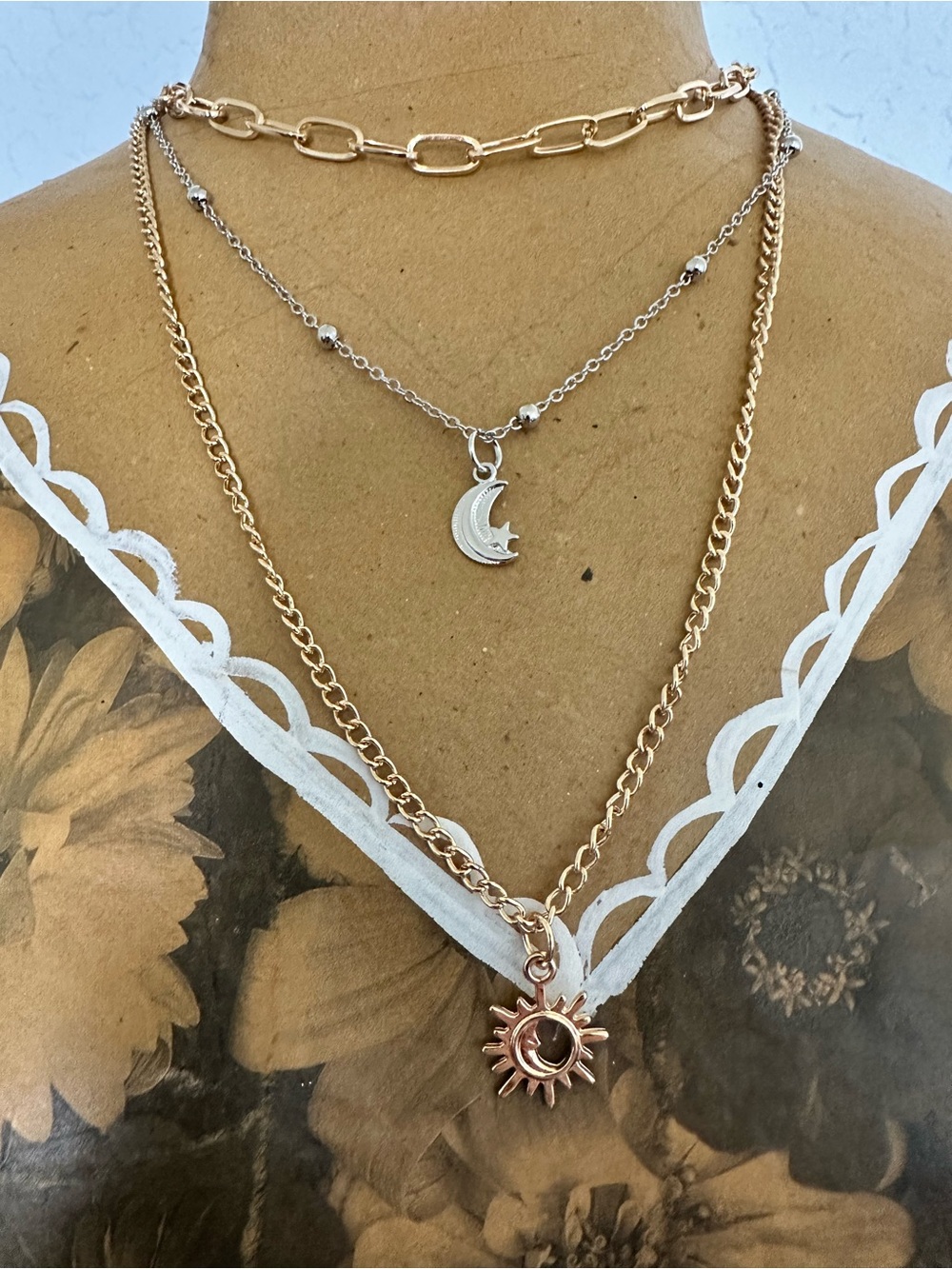 Layered Sun & Moon Necklace Set - Gold and Silver